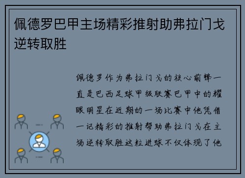 佩德罗巴甲主场精彩推射助弗拉门戈逆转取胜 佩德罗巴甲主场精彩推射助弗拉门戈逆转取胜